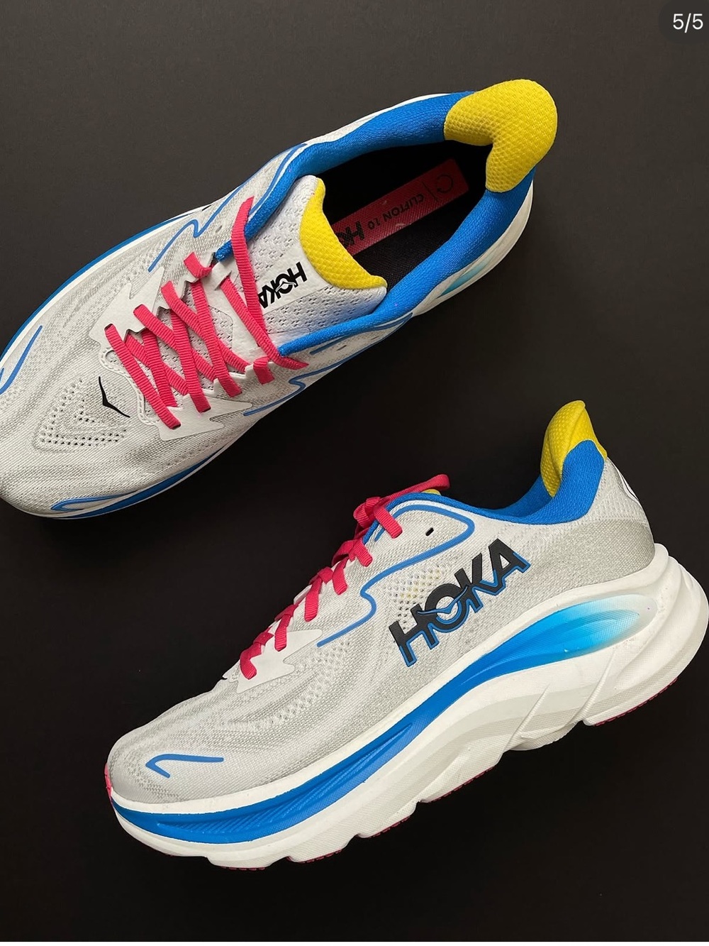 Hoka Clifton 10 Men size 7 White Blue Yellow Running Shoes with Pink Laces